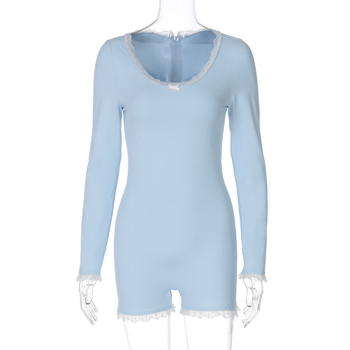 Modischer Damen-Overall mit U-Ausschnitt, Spitzenbesatz, Reißverschluss hinten, schmal geschnittene lange Ärmel für den Herbst._voghion.com