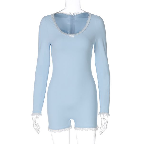 Modischer Damen-Overall mit U-Ausschnitt, Spitzenbesatz, Reißverschluss hinten, schmal geschnittene lange Ärmel für den Herbst._voghion.com