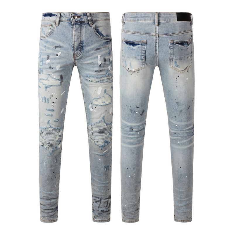Jean skinny élastique slim avec patch patchwork et éclaboussures d'encre_voghion.com