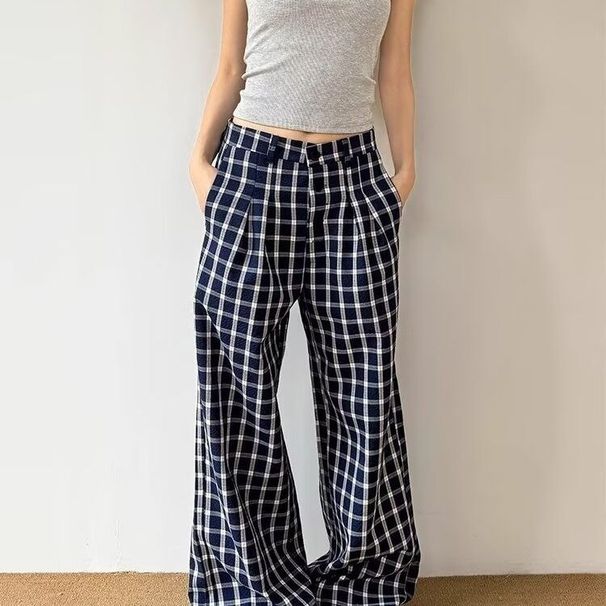 Pantaloni lunghi larghi casual primaverili e autunnali in stile americano, con polsini semielastici, in schiuma scozzese_voghion.com