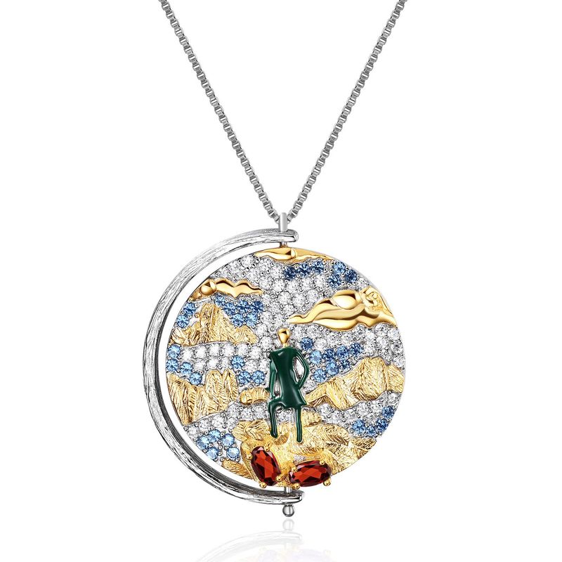 Italian Craft Abstract Pattern Vintage Jewelry Designer Necklace S925 Silver Inlaid Colored Gemstone Necklace Pendant_voghion.com