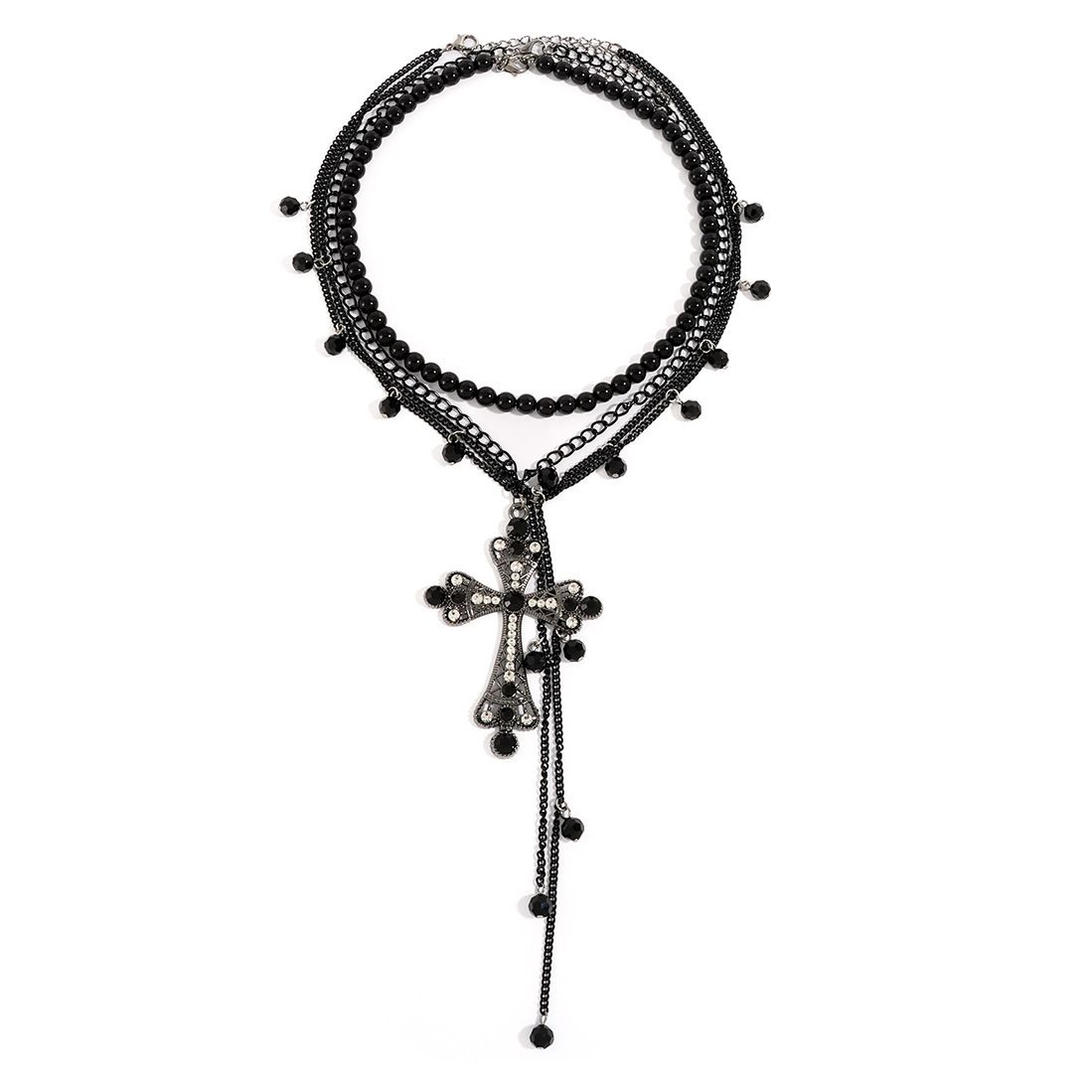 Collana con ciondolo a croce in stile punk dark, design a strati, con catena per clavicola, NK28270_voghion.com
