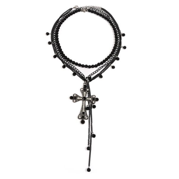 Collana con ciondolo a croce in stile punk dark, design a strati, con catena per clavicola, NK28270_voghion.com