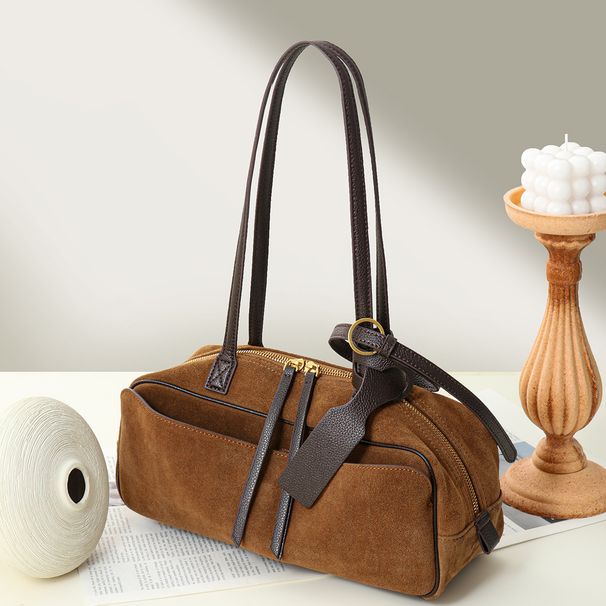 Small Niche Frosted Cowhide Bowling Bag For Commuting, Large Capacity Boston Leather Hand-held Shoulder Bag For Women_voghion.com