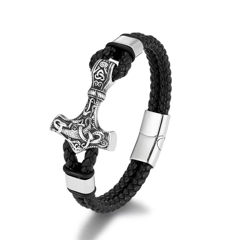 Bracciale da uomo in corda di pelle intrecciata in acciaio inossidabile, stile vichingo_voghion.com