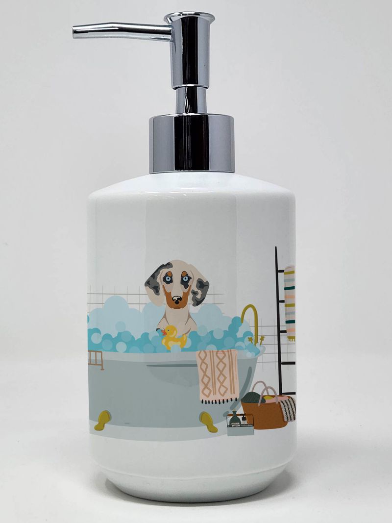 Cream Dapple Dachshund Ceramic Soap Dispenser Hand Soap Dispenser Pump Bottles for Bathroom Kitchen, Empty Refillable Liquid Soap Container_voghion.com