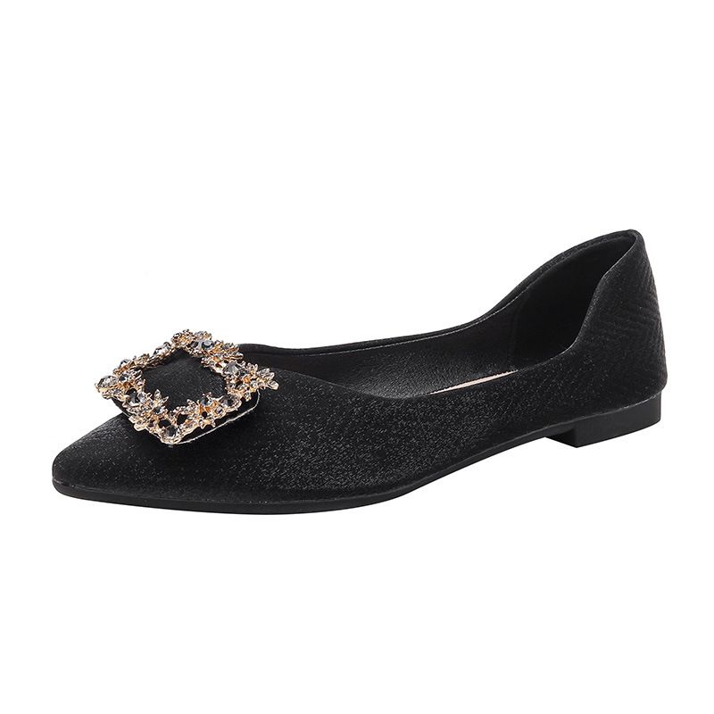 Low Top Solid Color Adhesive Pointed Toe Flat Heel Rhinestone Square Buckle Microfiber Large Size_voghion.com