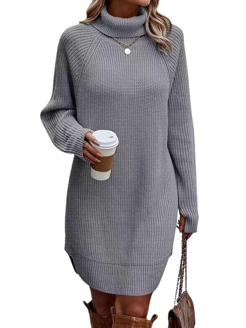 Vêtements pour femmes mode fente pull col roulé pull femme robe pull_voghion.com
