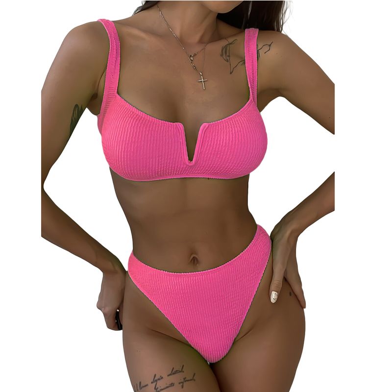 Happybuyner Women Two Piece Bikini Set Solid Color Suspender Push Up Padded Tops and High Waist Thong Swimming Suit_voghion.com