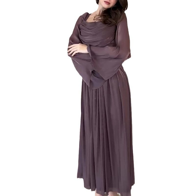 Robe plissée à manches longues pour femmes, vêtements rétro français, col carré, élégant, nouvelle collection automne_voghion.com