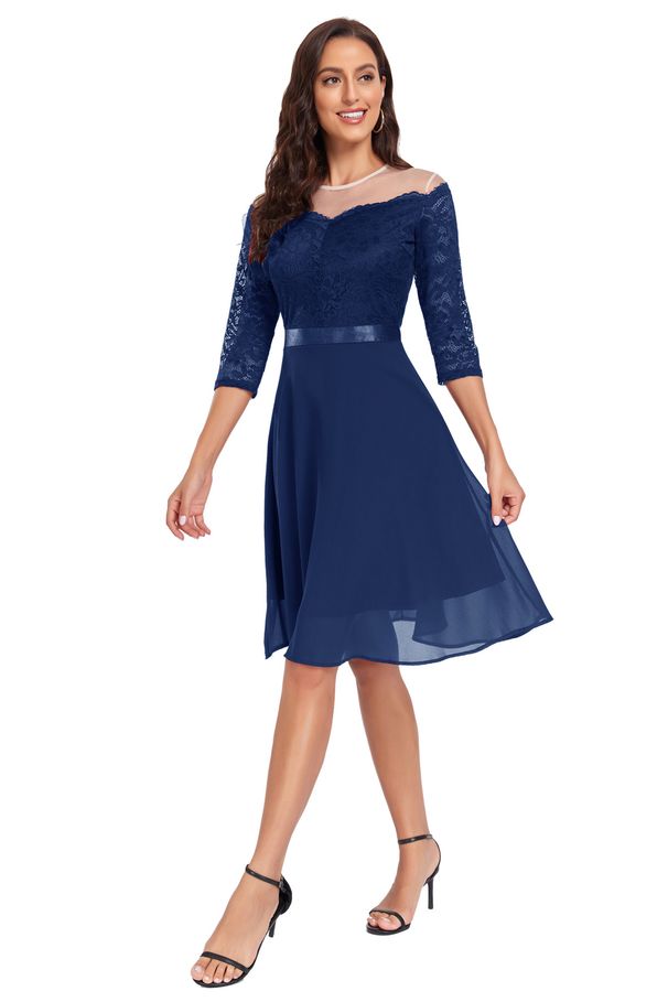 Vêtements pour femmes, asymétrique épaule dénudée, manches mi-longues, dentelle et mousseline, robe à ourlet mi-long_voghion.com