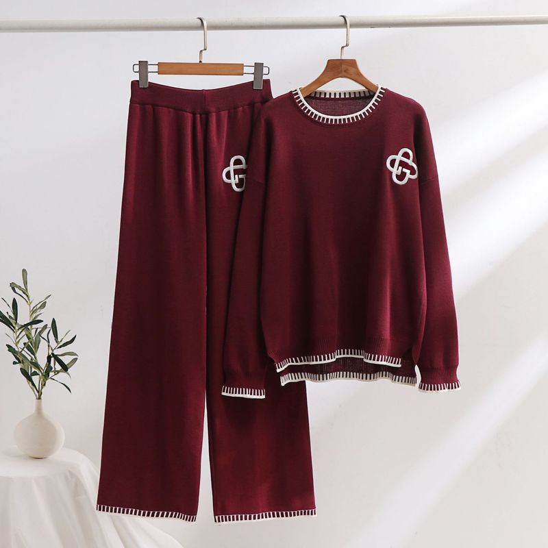 Îmbrăcăminte pentru femei, stiluri noi pentru toamnă și iarnă, pulovere simple cu mânecă lungă, pulovere tricotate, pantaloni cu croi larg, costume din bumbac mercerizat de mărime mare_voghion.com