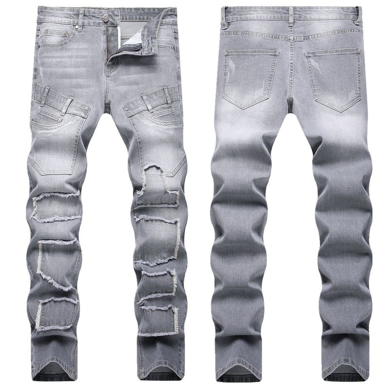 Men's Clothing In stock 2024summer new men's gray jeans personalized elastic slim feet mid-waist trousers_voghion.com