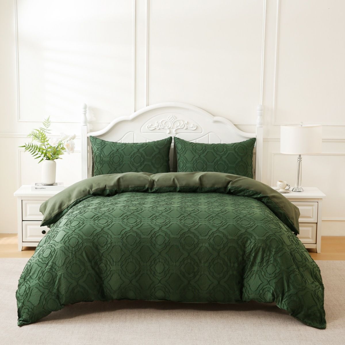 Tufted Wool Cut Flower Army Green Moroccan Quilt Cover Home Textile Bedding Three Piece Set_voghion.com