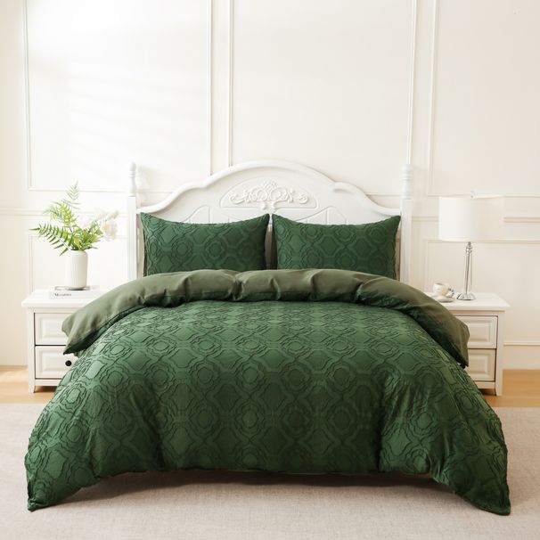 Tufted Wool Cut Flower Army Green Moroccan Quilt Cover Home Textile Bedding Three Piece Set_voghion.com
