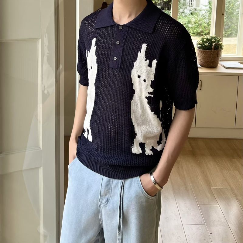Men's Clothing Shirt Lapel Short Sleeved Knitted Sweater Hollow Ice Silk Business Tide Shirt_voghion.com