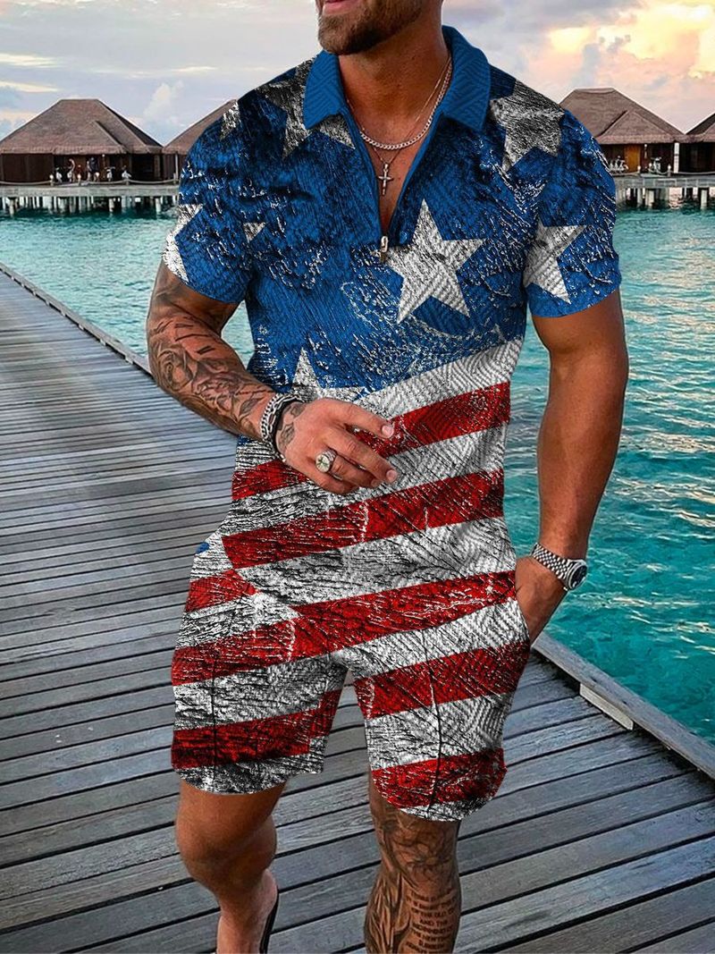 Men's 2pcs, Red Dots Pattern, Trendy Comfy Zip Polo And Plain Drawstring Waistband Shorts Set_voghion.com