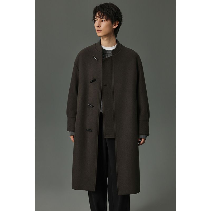 Herbst und Winter Horn Button Wollmantel Herren Mittellanges Design Mode Freizeitjacke Jugend Top Schwarz_voghion.com