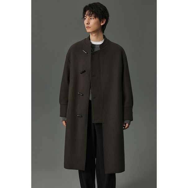 Herbst und Winter Horn Button Wollmantel Herren Mittellanges Design Mode Freizeitjacke Jugend Top Schwarz_voghion.com