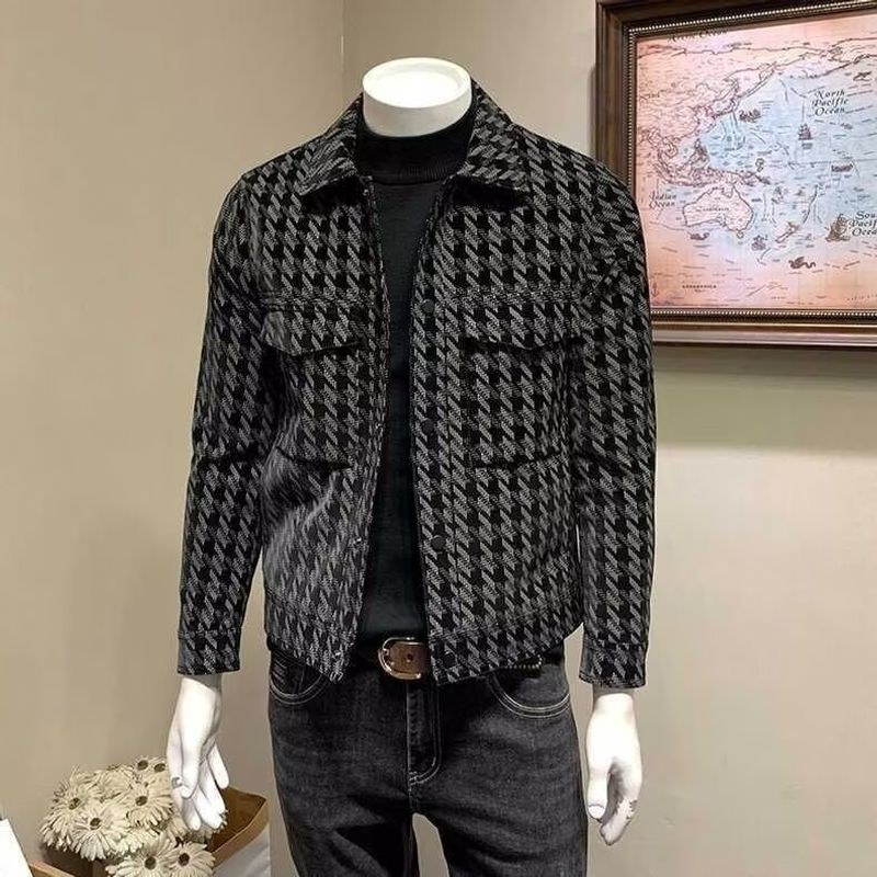 Herrenbekleidung Hahnentritt-Jacke Herrenmode gestreifter Slim Fit Mantel Business Casual Herrenoberteile_voghion.com