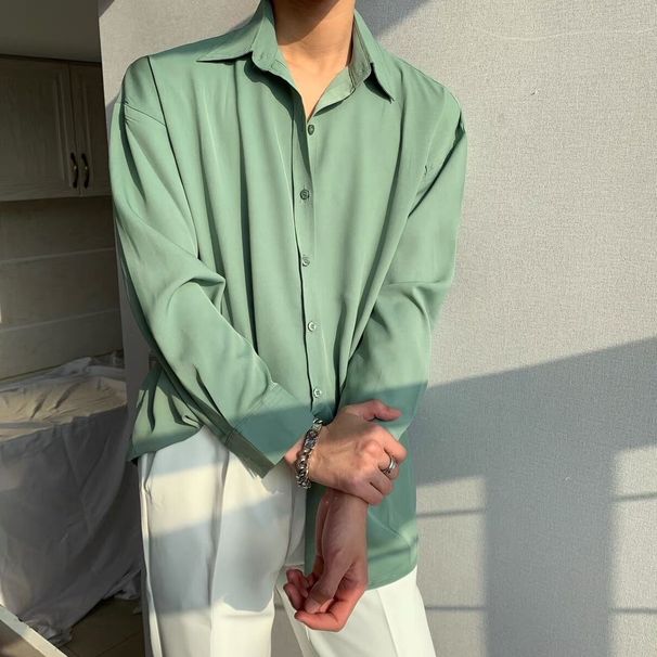 Eisseide INS Temperament lässig drapieren, kein Bügeln weiß schwarz Hemd, Herrenhemd, gekräuselte und hübsche koreanische Version locker sitzend_voghion.com