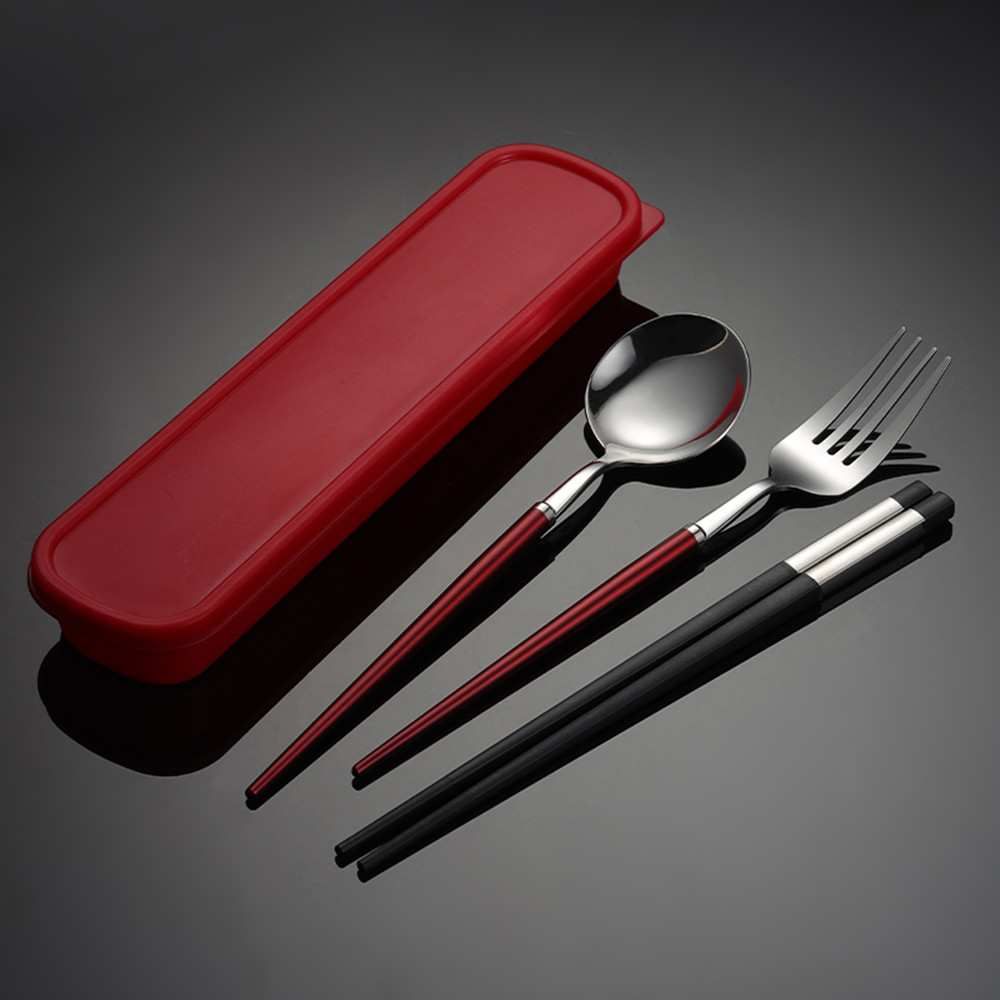 3PCS/SET Portable Tableware 18/8 Stainless Steel Dinnerware Set Outdoor Camping Fork Spoon Chopsticks Set With Box Kitchen Dinner Set_voghion.com