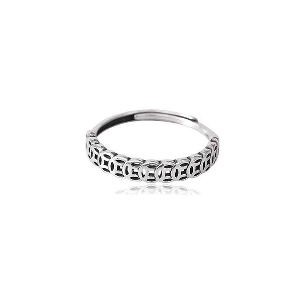 Anello aperto vintage in argento puro S999 per donna | Moneta portafortuna in rame, design della fortuna - Gioielli di nicchia semplici_voghion.com