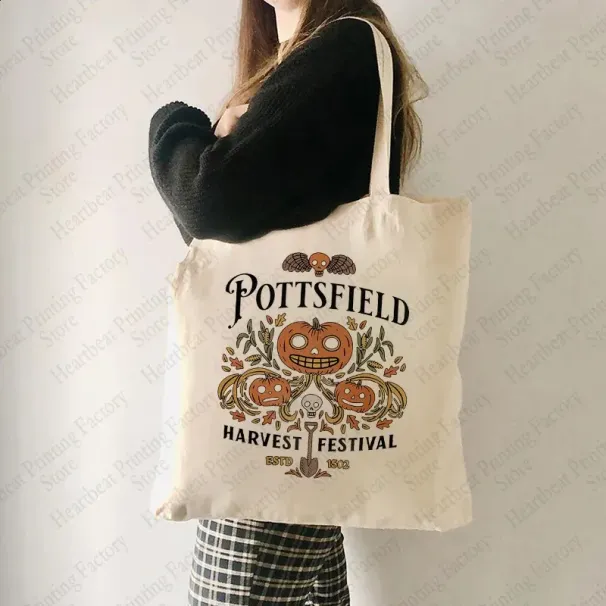 Pottsfield Harvest Festival Pattern Shopping Bags Reusable Vegetables Canvas Tote Bag Shopper Pouch Pumpkin Halloween_voghion.com