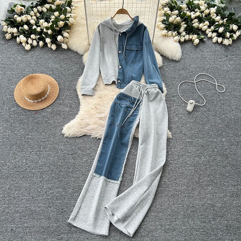Casual Suit For Women Fashionable Design Splicing Hooded Sweatshirt High Waist Denim Splicing Wide Leg Pants Two Piece Set_voghion.com