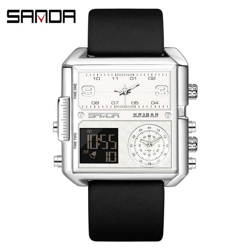 Reloj de moda informal para hombre, multifunción, resistente al agua, con correa de cuero, electrónico, con personalidad cuadrada, esfera grande_voghion.com