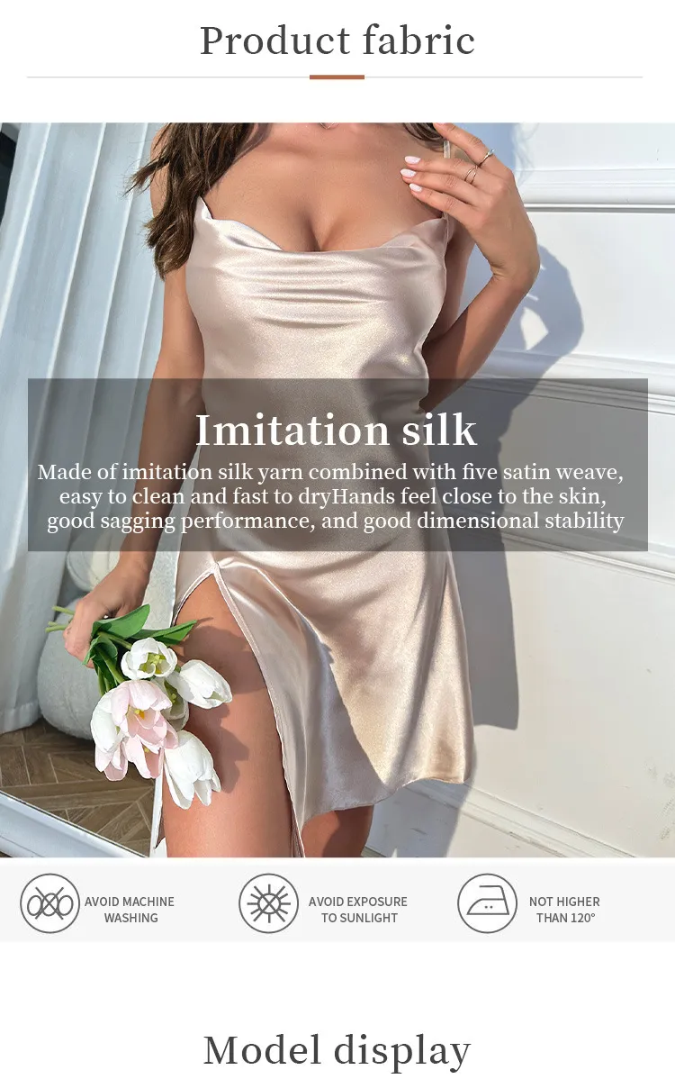 Women's Sleepwears Sexy Slit Suspender Skirt Simulated Silk Nightgown For Women Summer Home Backless Suspender Pajamas_voghion.com