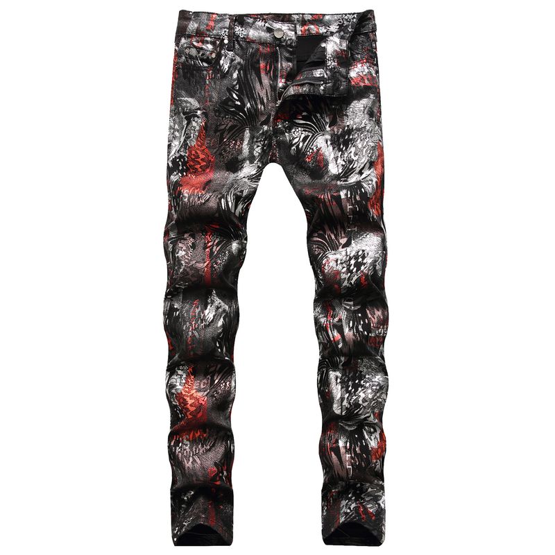 Mainstream Fashion PU Jeans Hommes Personnalité Motif Léopard Imprimé Coloré Graffiti Coupe Slim Pantalon Long Tendance_voghion.com