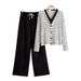 Women's Clothing spring new suits for women, contrasting stripes, double V neck knitted cardigan tops, wide leg pants, two piece suit_voghion.com