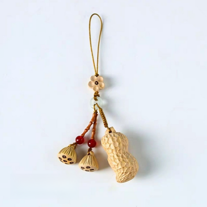 Creative Woven [Good Luck Happens] Boxwood Carved Peanut Pendant Wooden Ornament_voghion.com