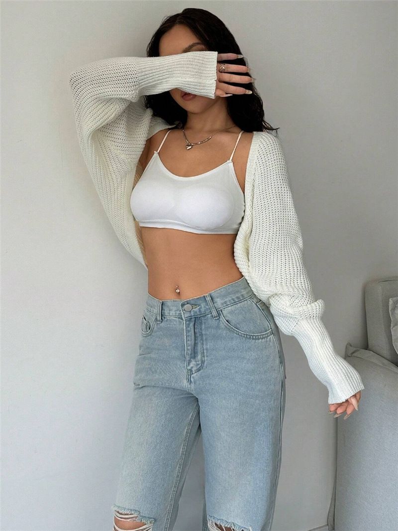 Cárdigan de punto extragrande con mangas de murciélago para mujer: suéter corto de acrílico suave, ligero y envolvente, prenda de capas para moda urbana._voghion.com
