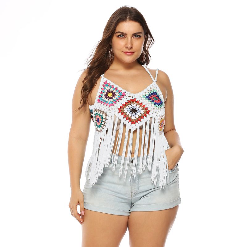 Grande taille femmes style ethnique couleur aléatoire contraste couleur longue frangée patchwork camisole chemise à bretelles haut de bikini_voghion.com