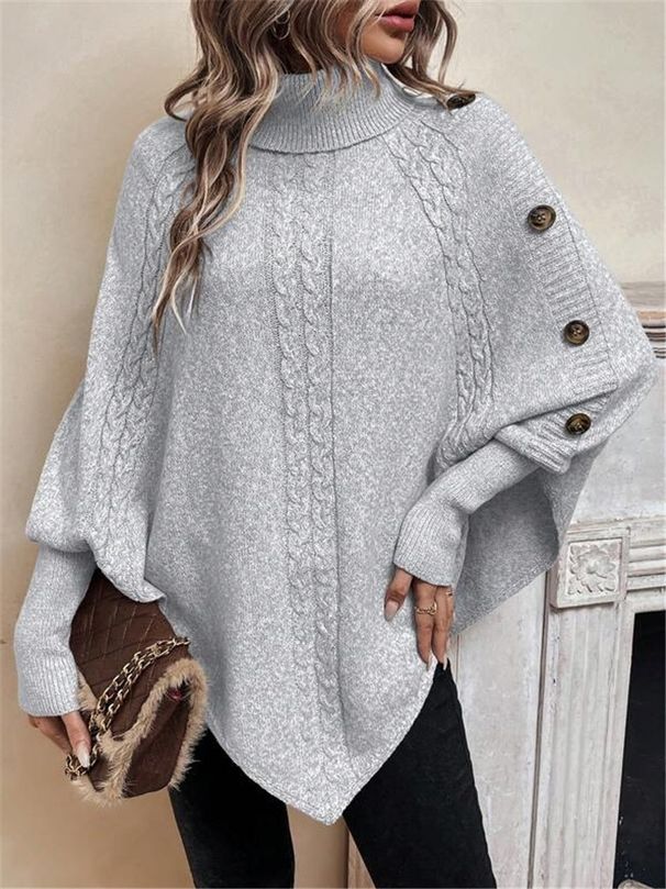 Grobstrick-Fledermauspullover für Damen mit hohem Kragen und Knopfdetails – Übergroßer Zopfmusterpullover für Herbst und Winter (Khaki, Schwarz, Grau)_voghion.com