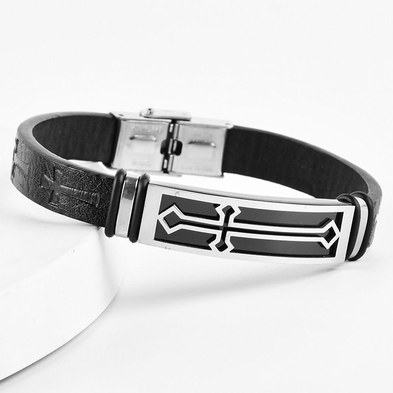 Bracciale in acciaio inossidabile e titanio con croce in stile coreano da uomo in pelle hip hop_voghion.com