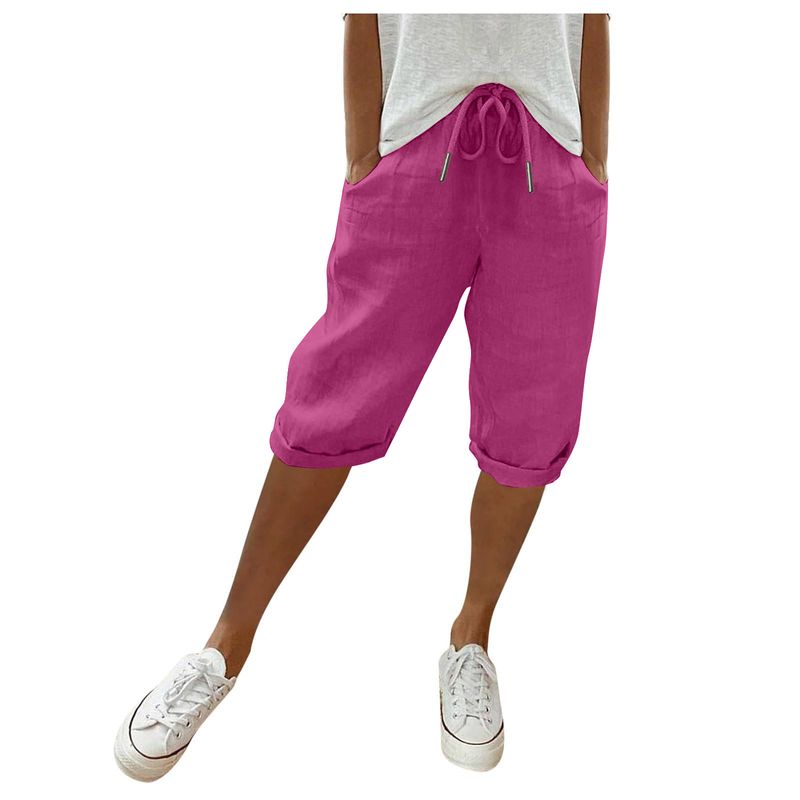 2025s Solid Color Cotton Linen Pocket Elastic Waist Five-Point Women's Casual Summer Shorts_voghion.com
