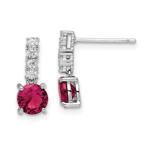 Sterling Silver Rhodium-plated Created Ruby And CZ Post Dangle Earrings_voghion.com