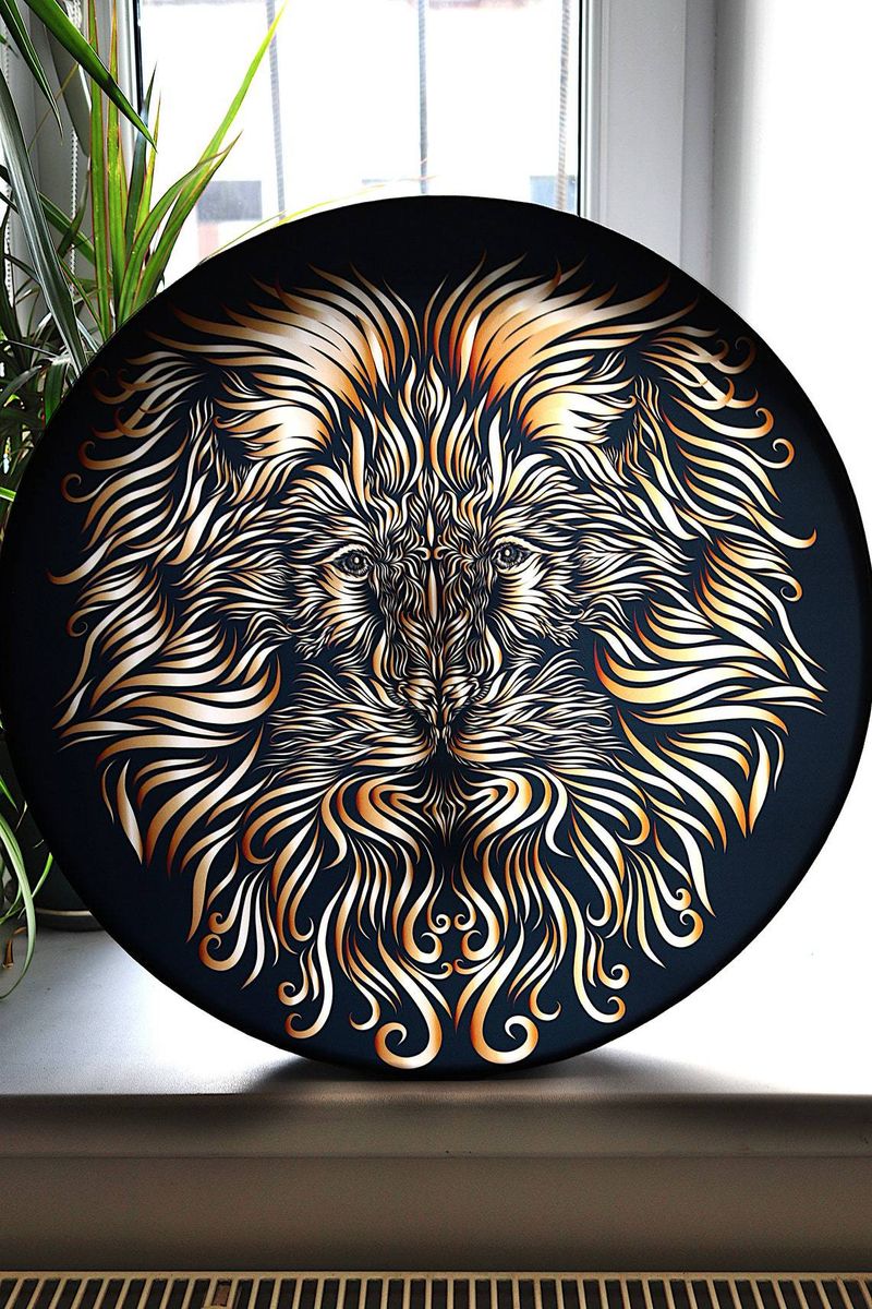 Tambor chamánico FIRLAR de 10 pulgadas con diseño decorativo de árbol de la vida, pandereta con baqueta, león chamánico musical_voghion.com