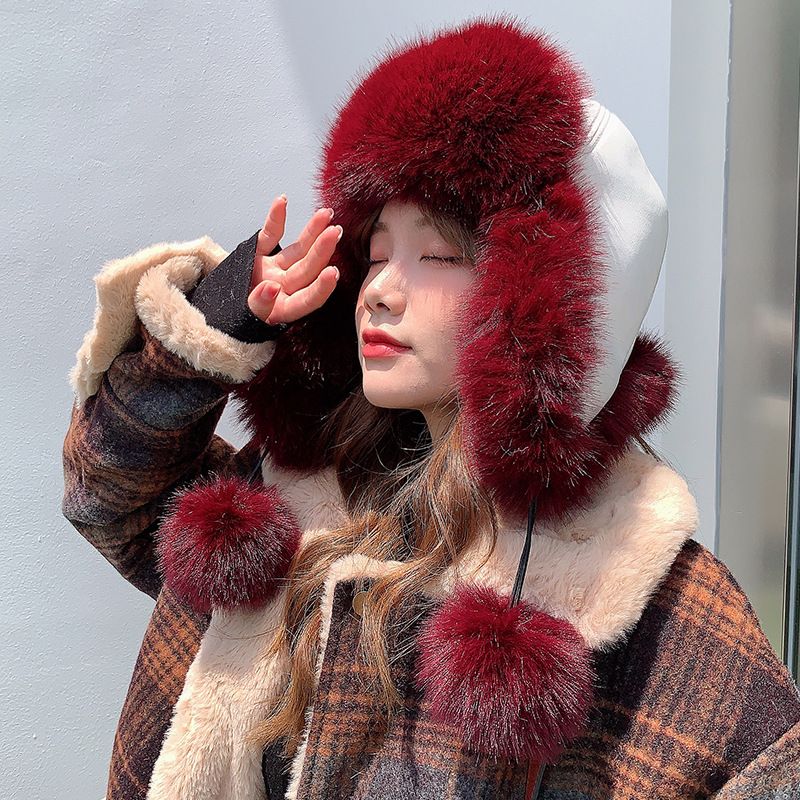 Autumn and winter new student female Japanese fur ball warm thickened plush Lei Feng cap Northeast cycling cold-proof ski cap_voghion.com
