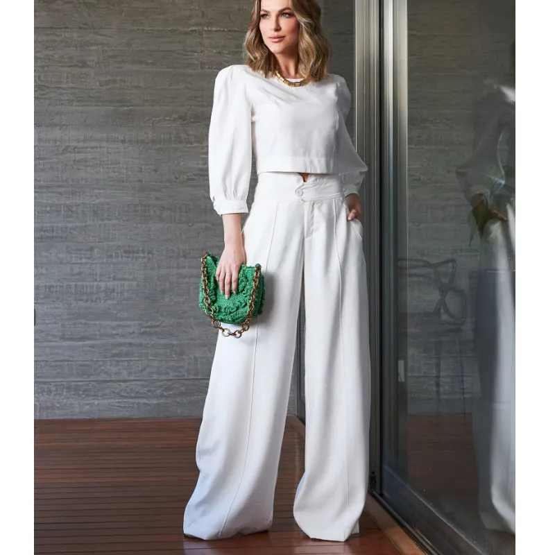 Vêtements pour femmes nouvelle mode hauts courts à manches longues taille haute pantalon large ensemble deux pièces_voghion.com