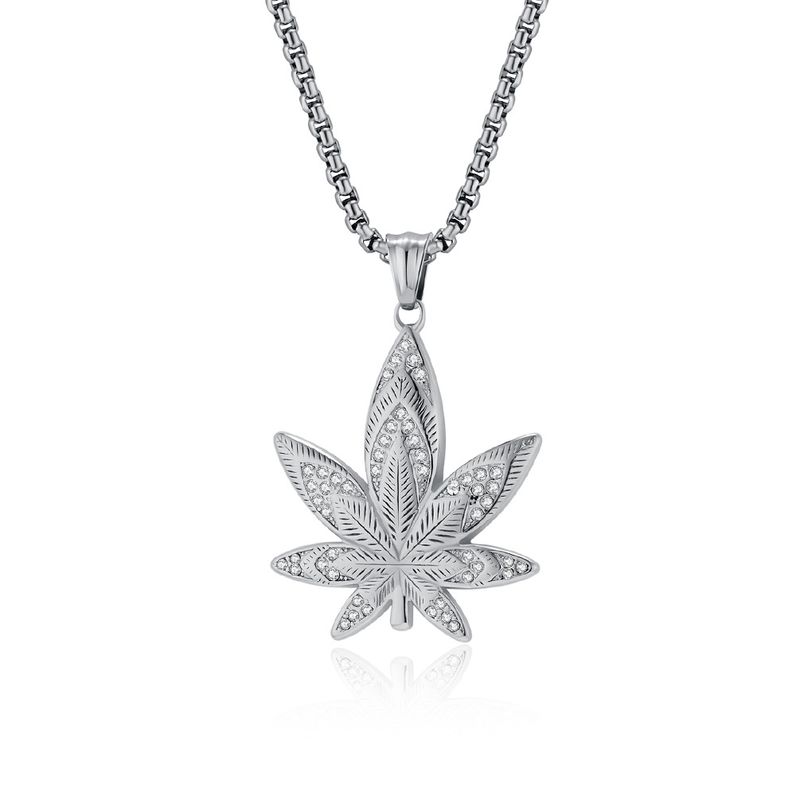 HIPHOP jewelry titanium steel plated K gold diamond maple leaf pendant necklace autumn and winter niche sweater chain_voghion.com