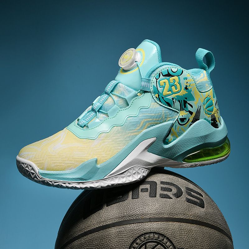 New high top basketball shoes men's mesh fabric breathable sports shoes non-slip student rotary button shoes_voghion.com