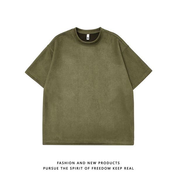 Ανδρικά ρούχα 2025 Νέο ανδρικό μονόχρωμο σουέτ μπλουζάκι με κοντό μανίκι_voghion.com