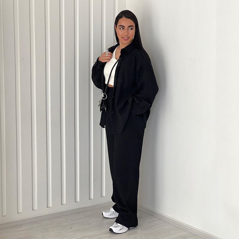 Casual anzug außenhandel frauen kleidung einfarbig lose hemd top breite bein hosen zwei-stück set_voghion.com