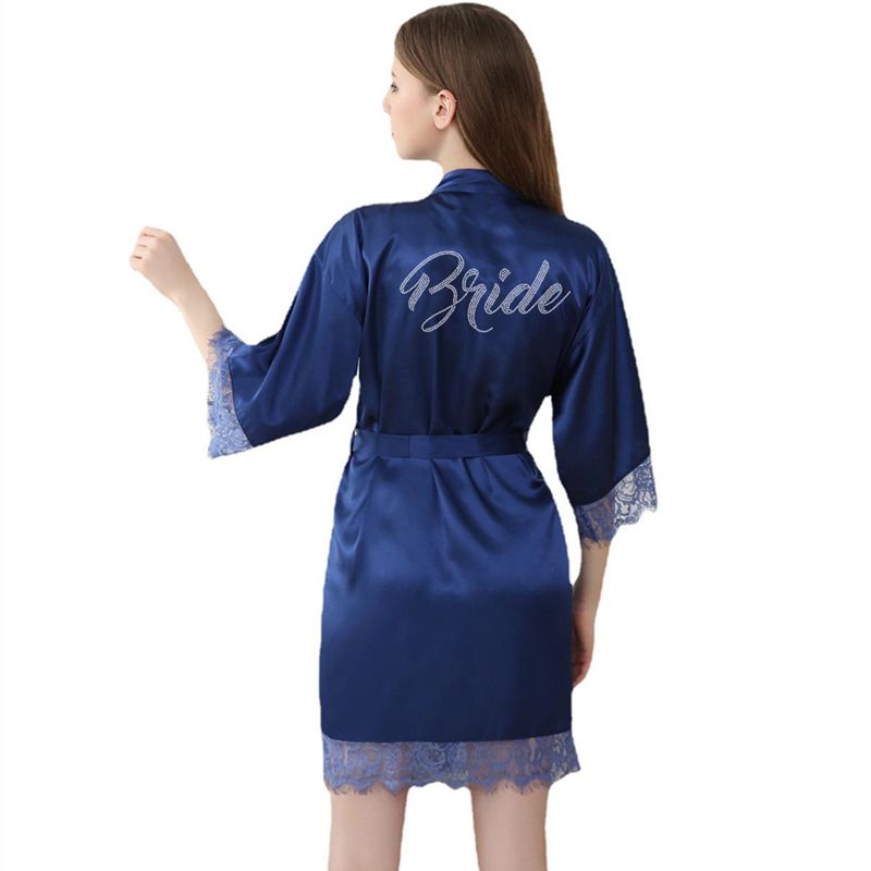 Women's Sleepwears Ladies High End Diamond Studded Bride Lace Cardigan Wedding Gown Silk Bridal Makeup Morning Gown_voghion.com