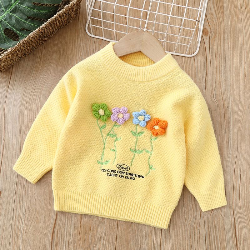 Πλεκτή βάση για κορίτσια 2022 φθινόπωρο και χειμώνας νέα χειροποίητη μικρή λουλουδάτη ζεστή γυναικεία βρεφική παιδική μπλούζα_voghion.com