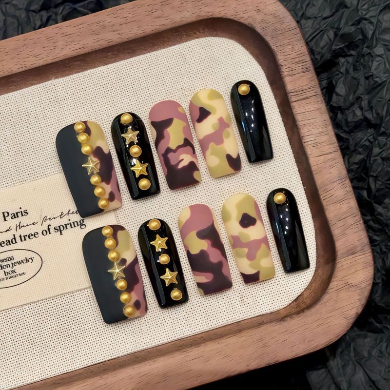 False Nails Rainforest Camouflage Five Pointed Star Wearable Nail Art Removable_voghion.com